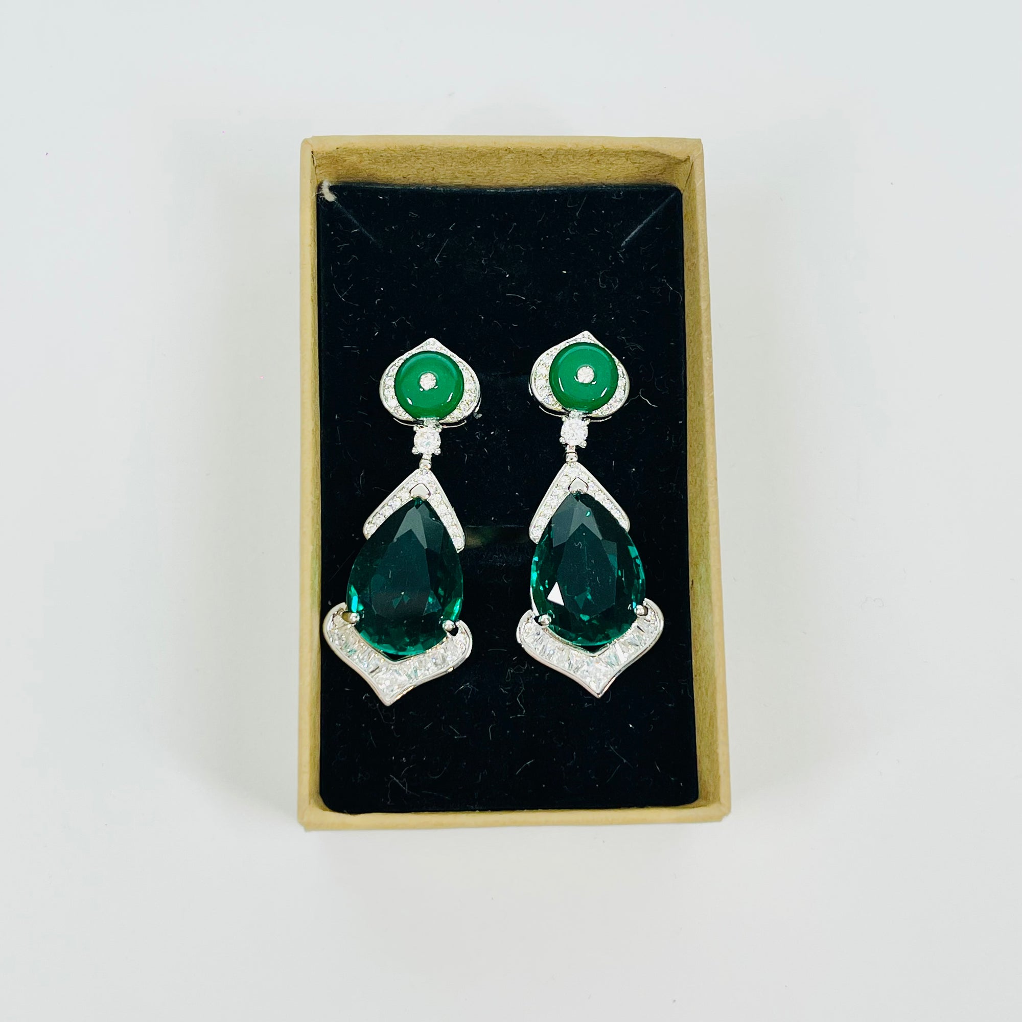 VINTAGE ART DECO STYLE GP COSTUME GREEN DIAMONTE DROP PIERCED EARRINGS