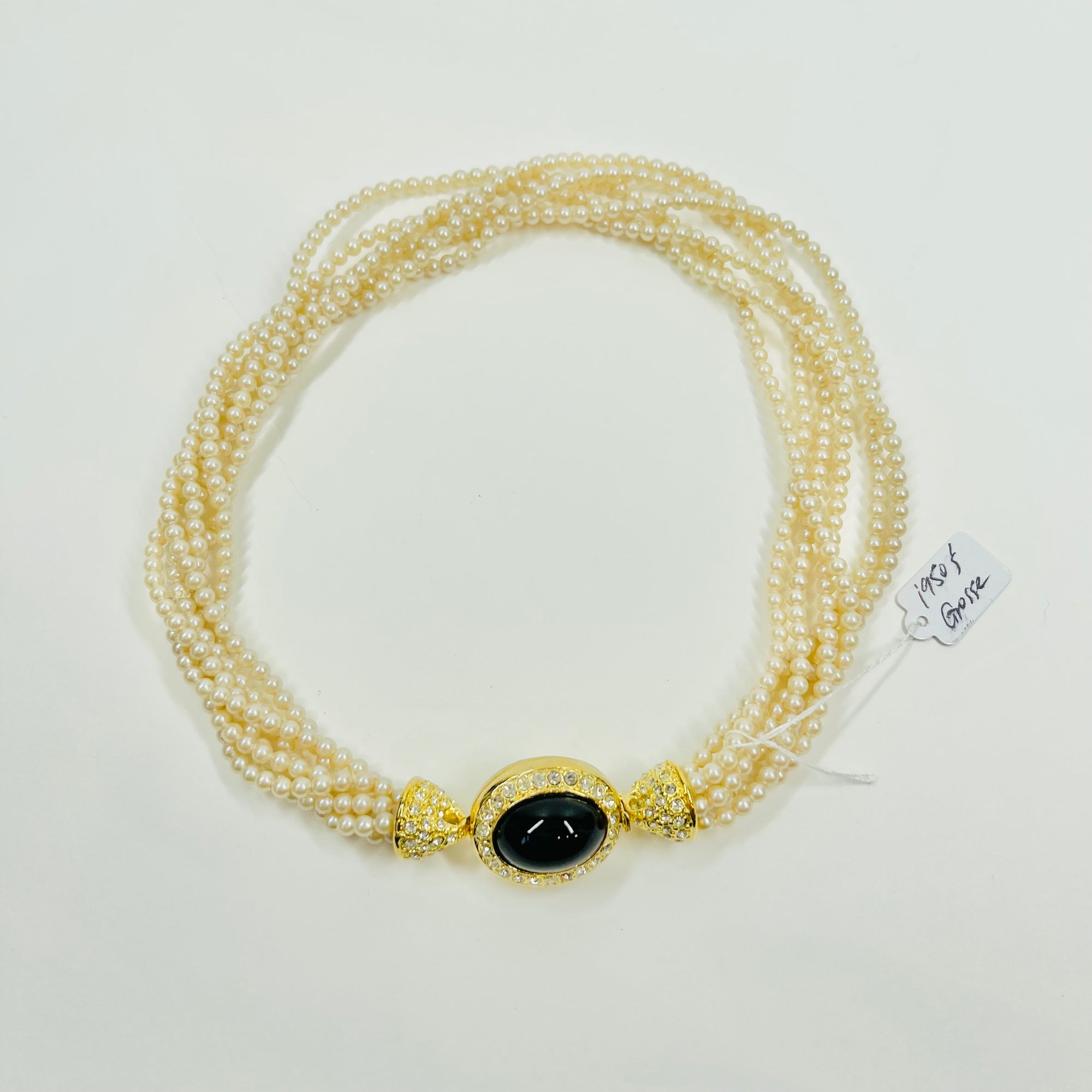1950s GROSSE GERMANY COSTUME BRAIDED PEARL NECKLACE BLACK ENAMEL CLASP