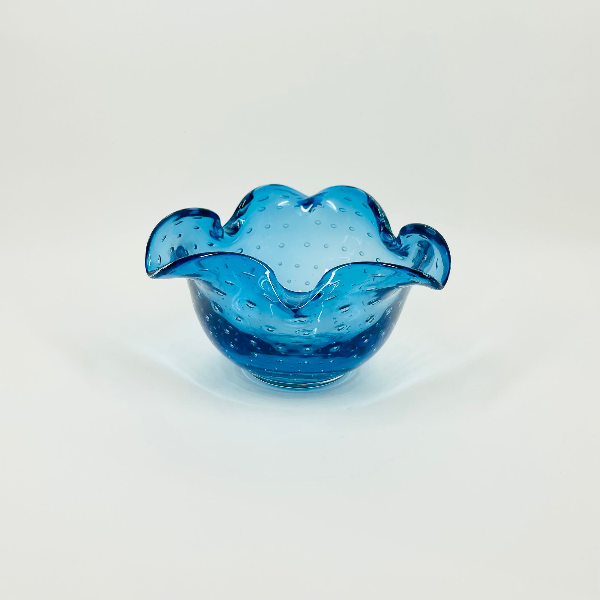 1950s MURANO BLUE GLASS PINCHED BOWL/ASHTRAY WITH CONTROLLED BUBBLES