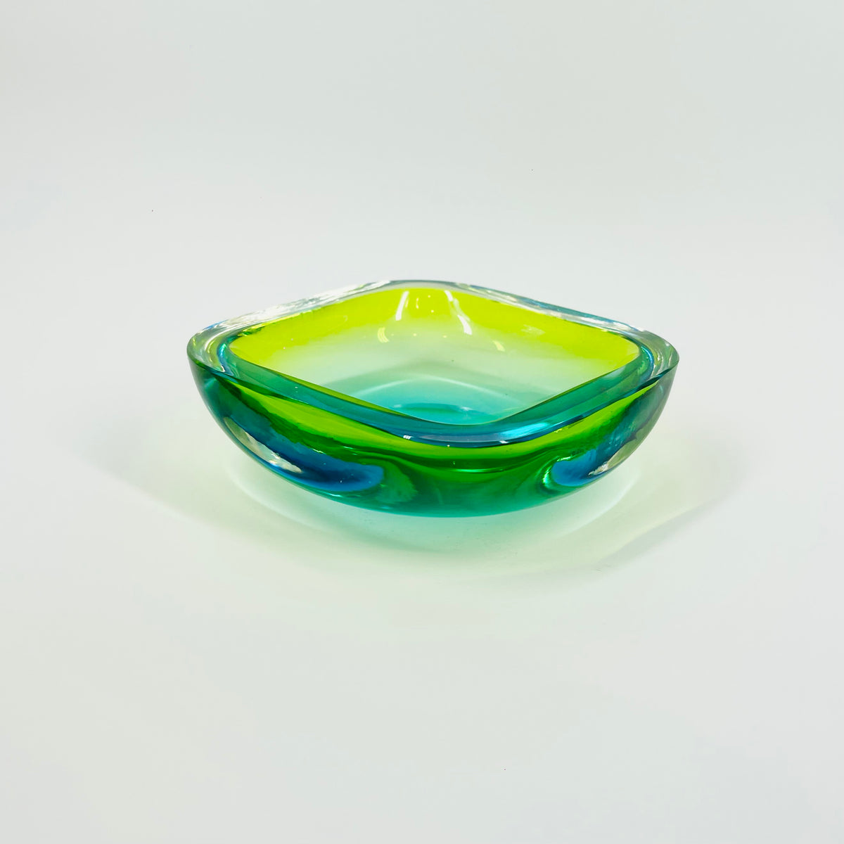 1960s GREEN BLUE PEACOCK HARLEQUIN SOMMERSO FACETED GEODE GLASS BOWL