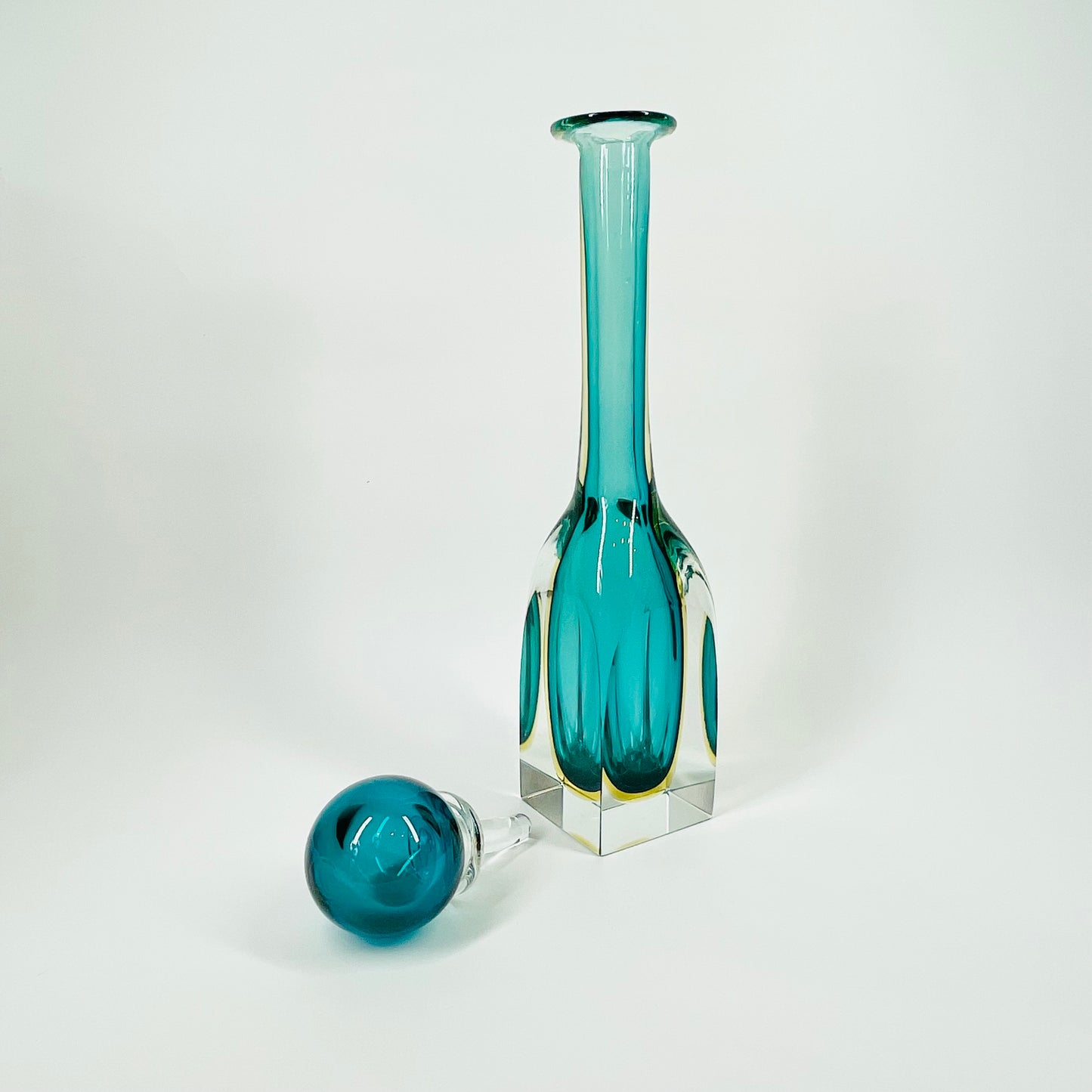 1950s MURANO GREEN BLUE YELLOW SOMMERSO GLASS DECANTER