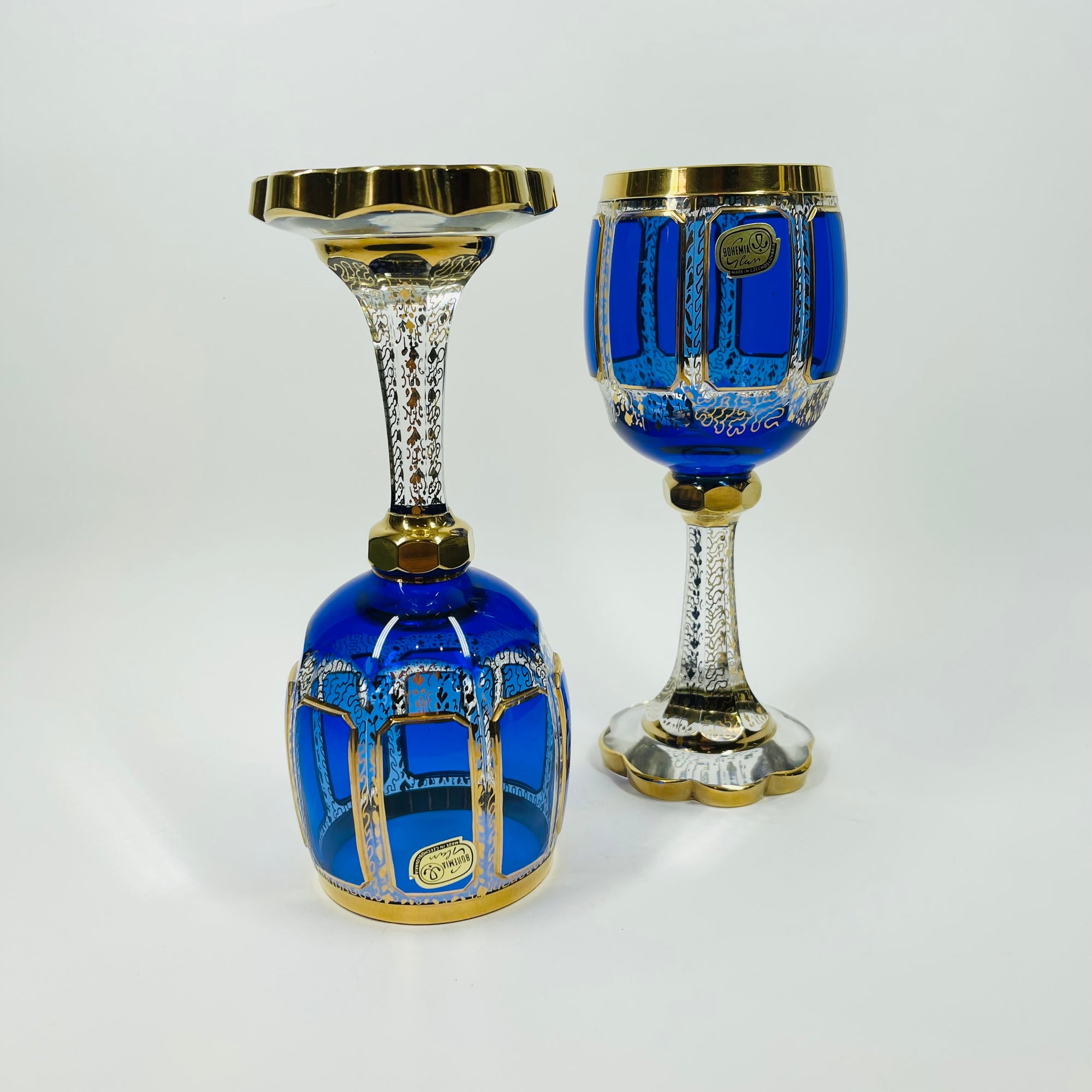1930s MOSER GILT GOLD ENAMELED COBALT BLUE GLASS GOBLETS