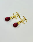 2023 LIMITED EDITION CHANEL CC LOGO WITH RED/BURGUNDY GRIPOIX GLASS DROP PIERCED EARRINGS