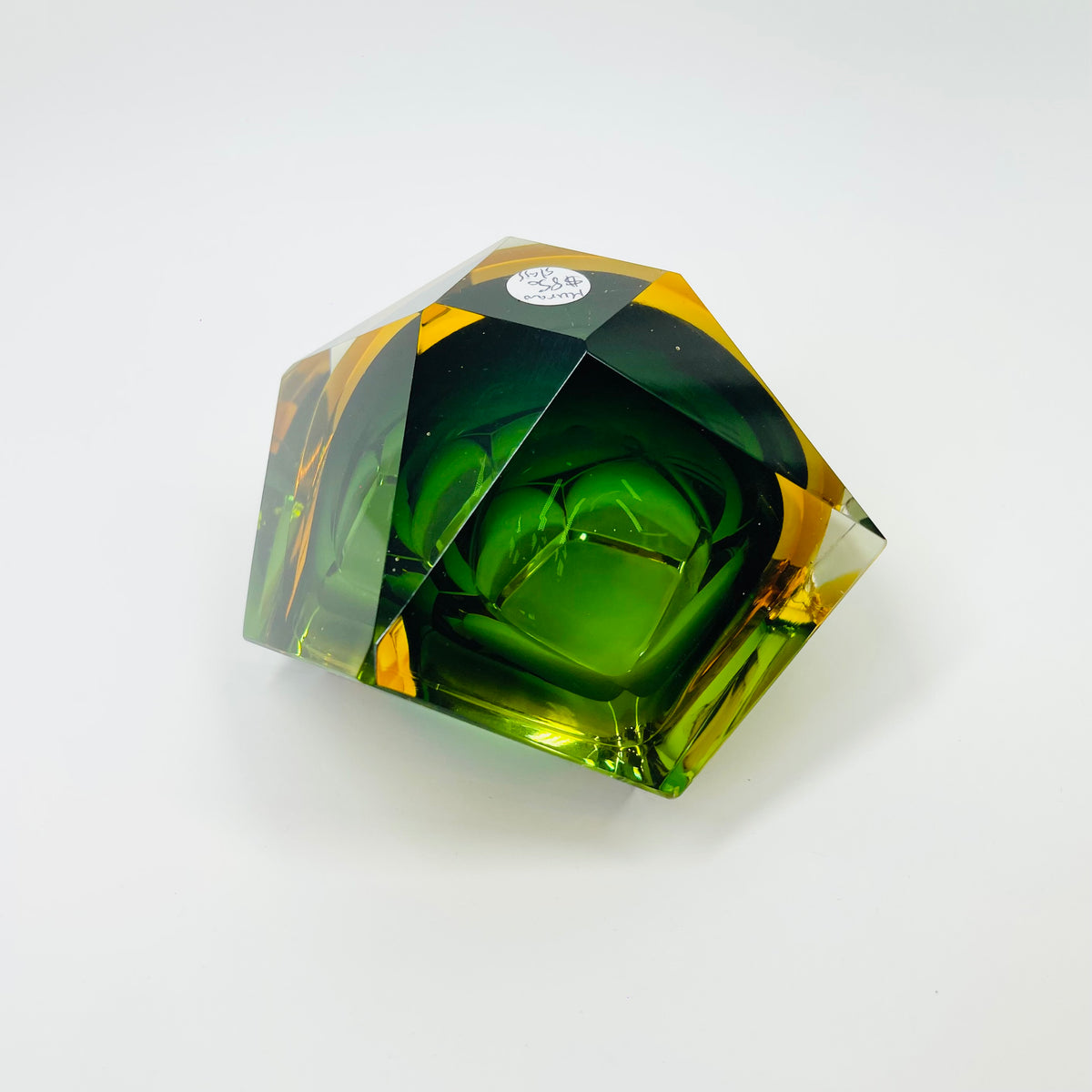 1940s GREEN GOLD AMBER MURANO MANDRUZZATO SOMMERSO FACETED GLASS BOWL/ASHTRAY