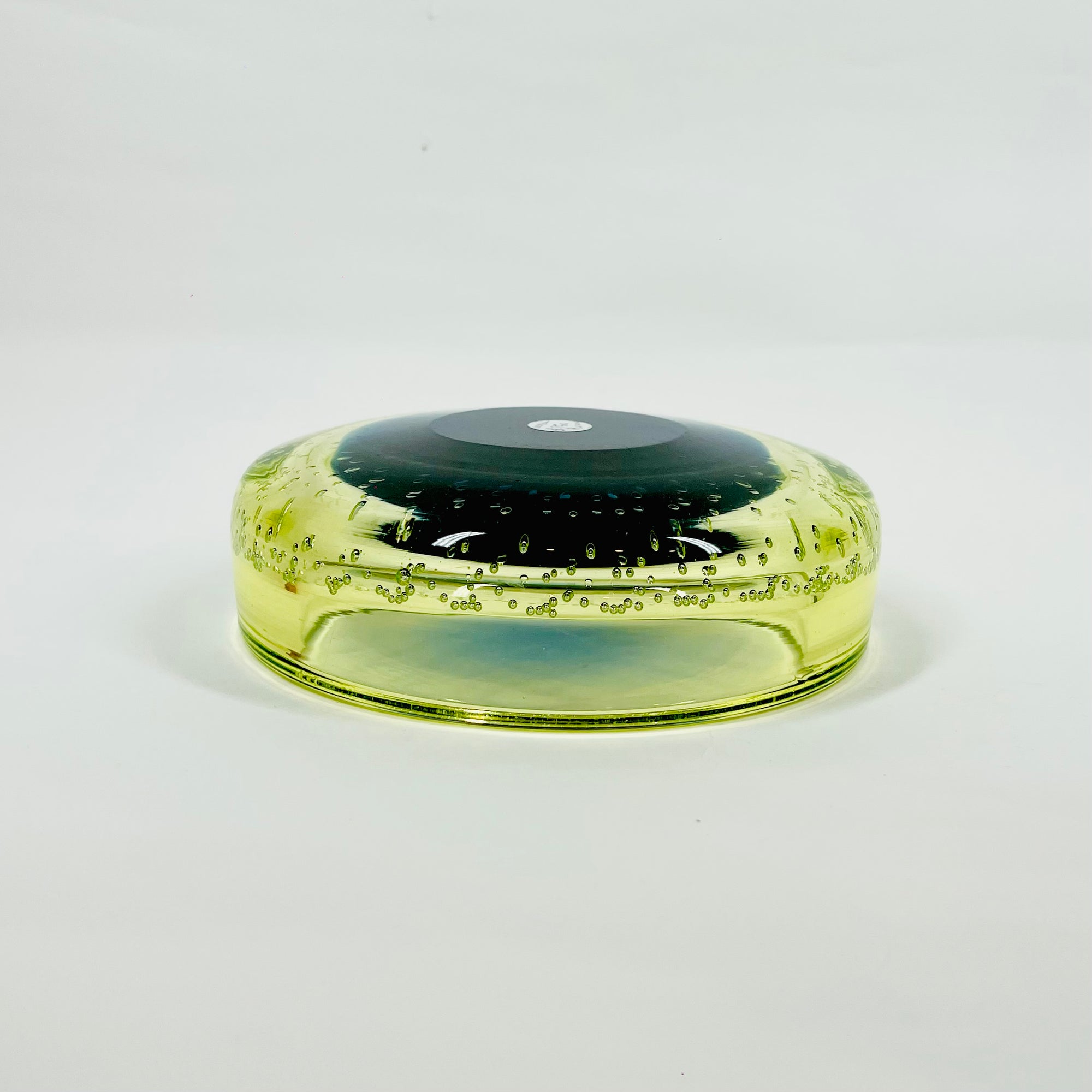 1950s GREEN BLUE MURANO URANIUM SOMMERSO GLASS BOWL/ASHTRAY WITH CONTROLLED BUBBLES