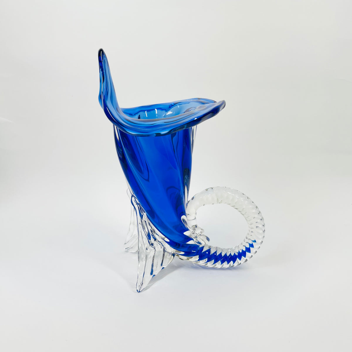 1970s MURANO COBALT BLUE SOMMERSO GLASS CORNUCOPIA VASE
