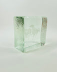 1950s JAPANESE ETCHED HORSES GLASS BRICK BOOKEND