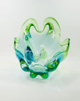 LARGE 1970s JAPANESE GREEN TURQUOISE BLUE SOMMERSO GLASS HANDKERCHIEF VASE/BOWLL