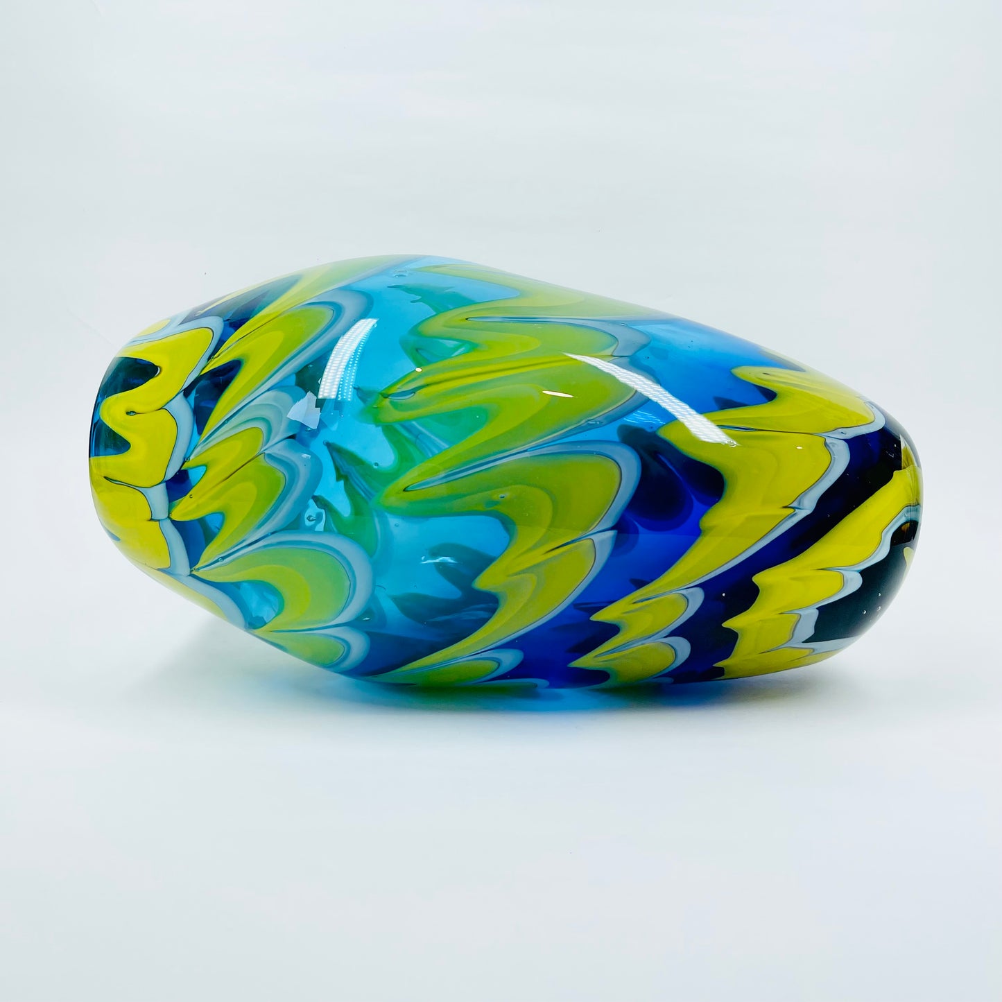 1980s MURANO BLUE YELLOW SWIRLS GLASS VASE