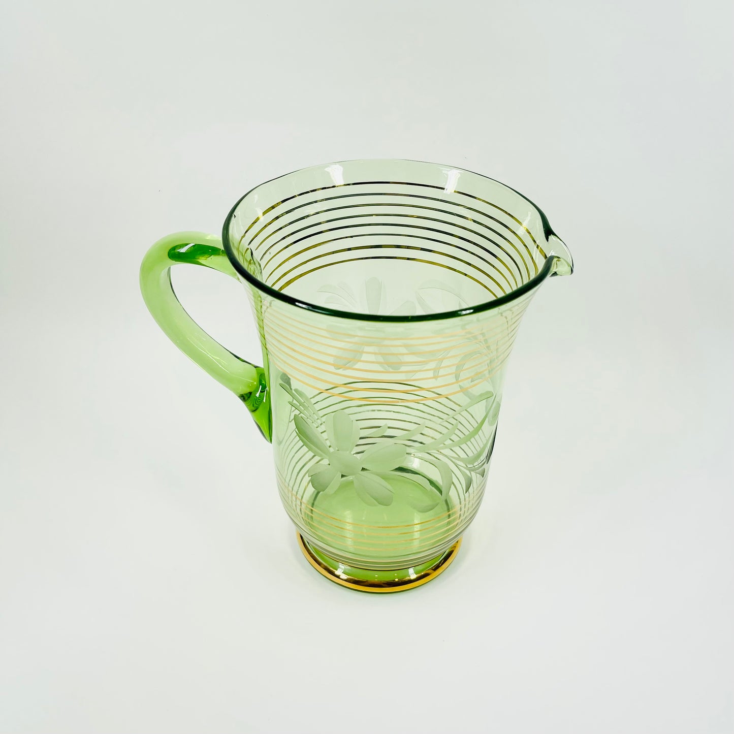 1950s GREEN GOLD GILDED GLASS JUG SET