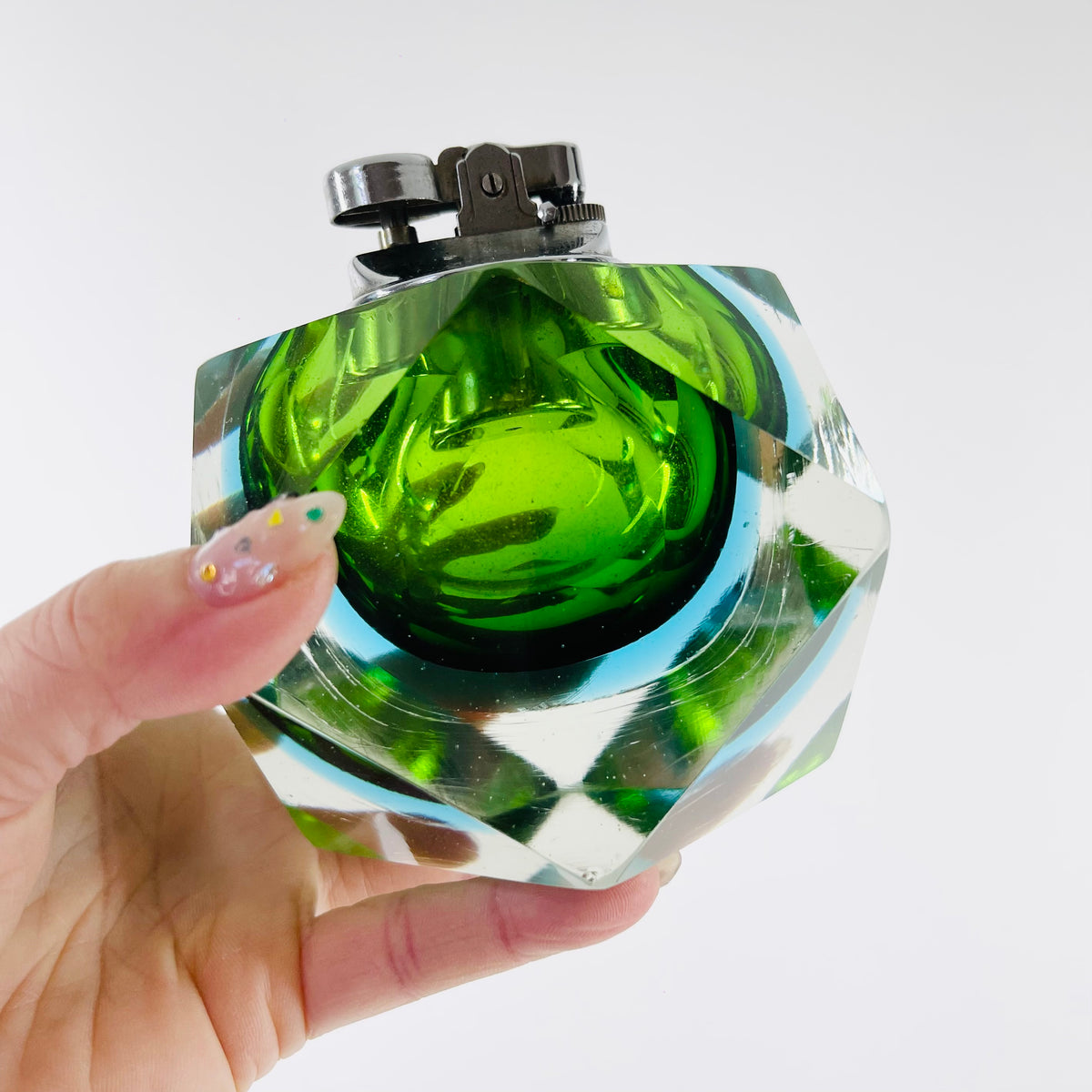 1940s GREEN BLUE MURANO SOMMERSO FACETED GLASS LIGHTER BOX