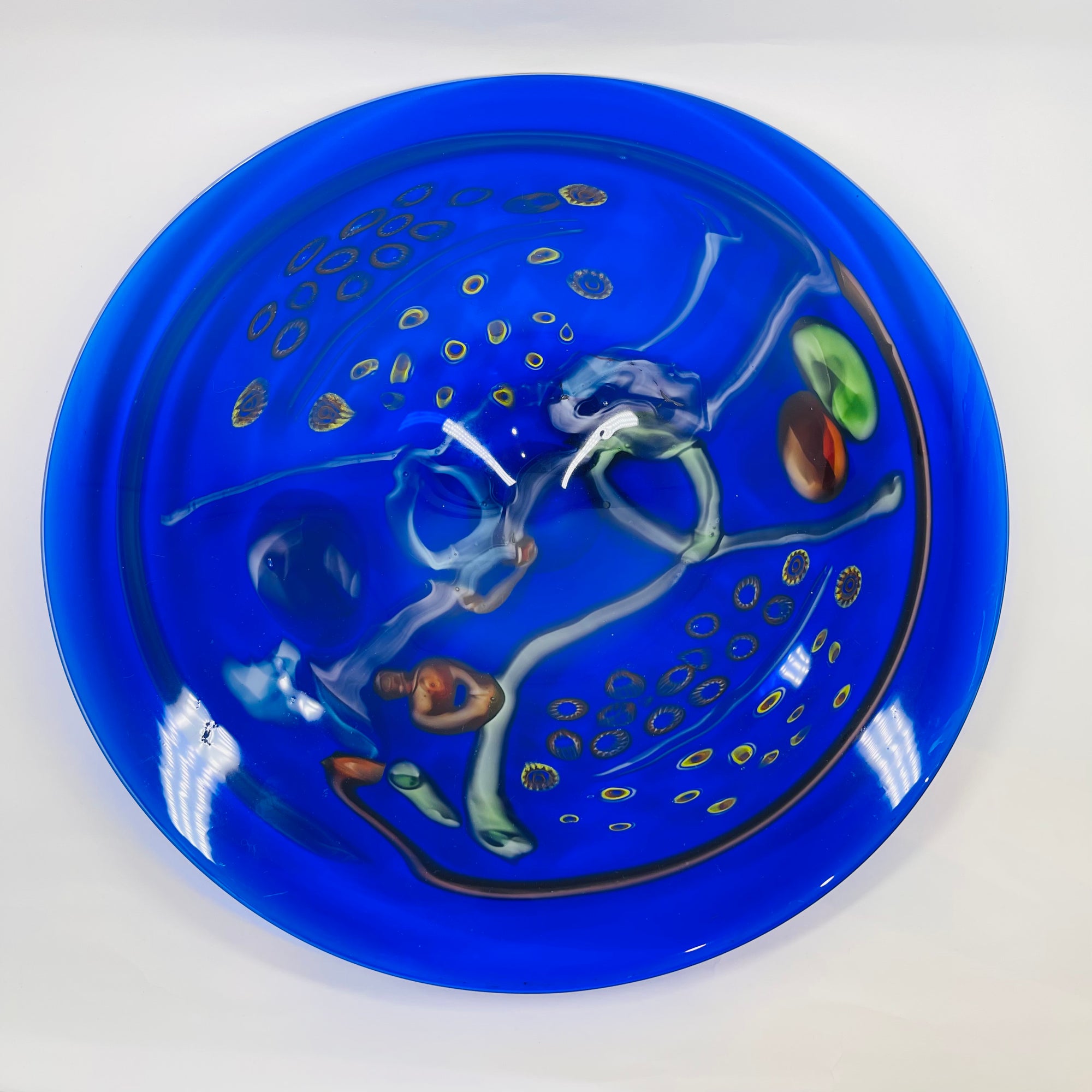 LARGE ANTIQUE COBALT BLUE MURANO GLASS CHARGER PLATE/SHALLOW BOWL WITH MILLEFIORI &amp; MURRINE DECORATIONS