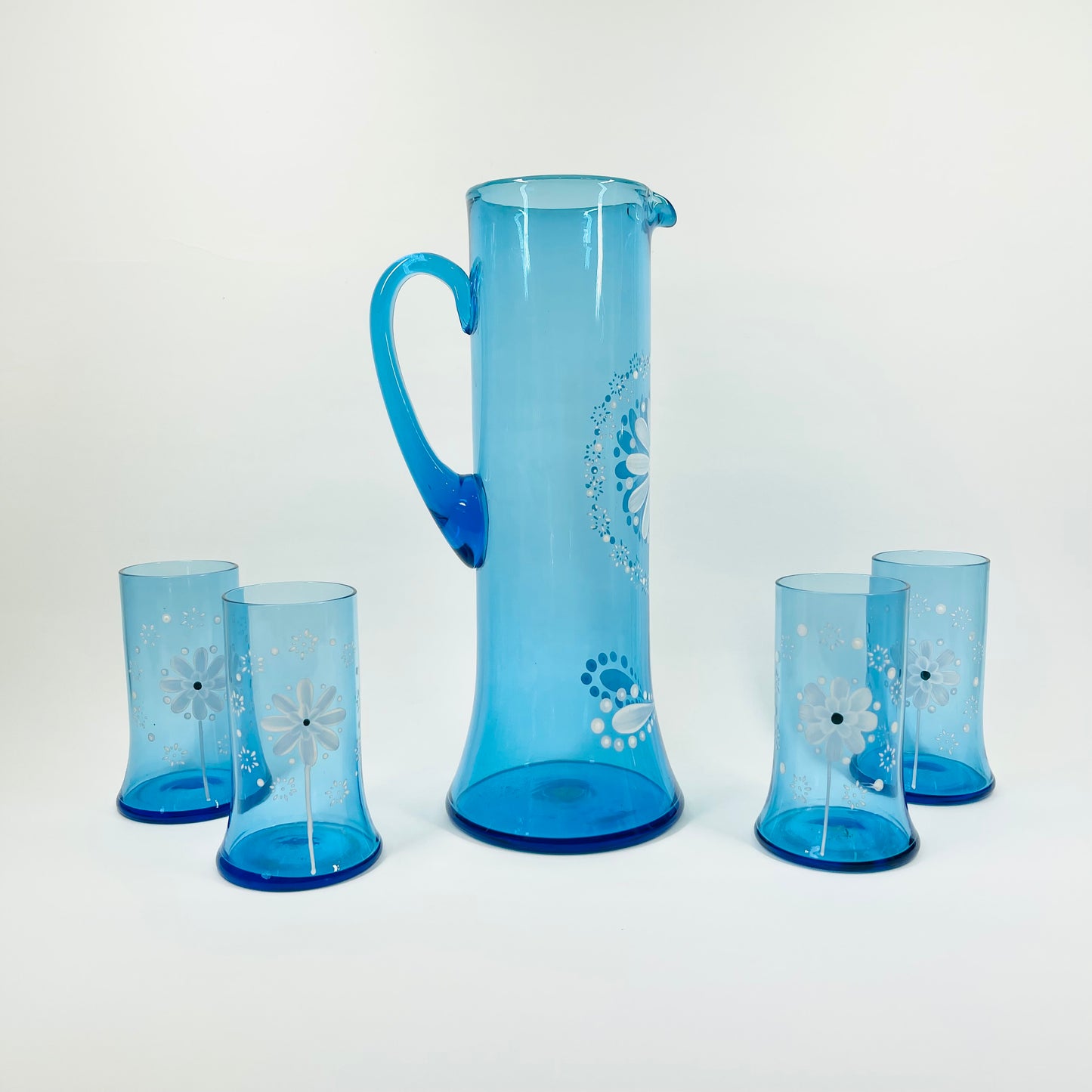 1950s BLUE HAND PAINTED GLASS JUG SET