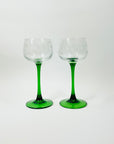 1970s ETCHED LONG GREEN STEM COCKTAIL GLASSES
