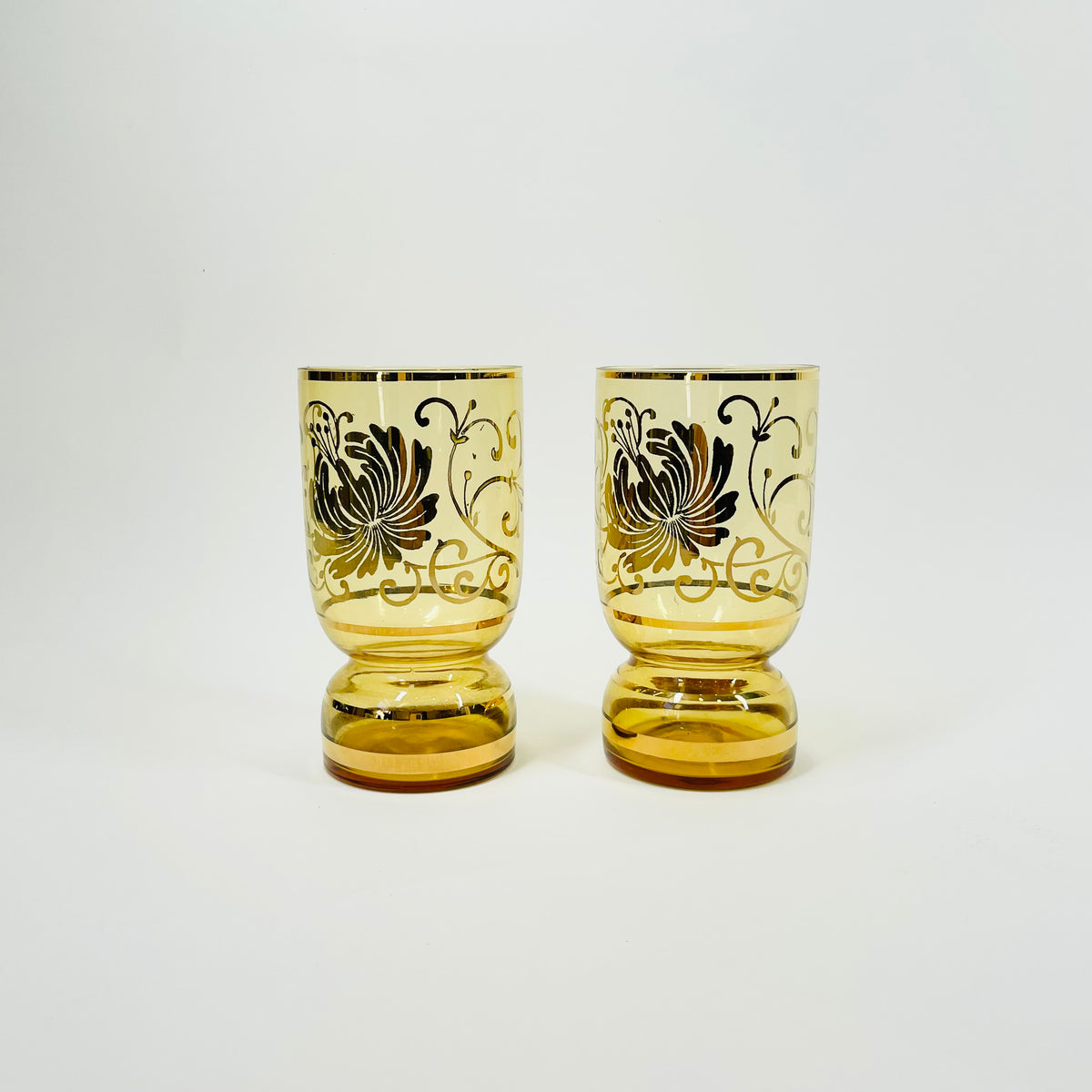 1950s AMBER GOLD FLORAL GILDED GLASSES