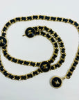 2006 CHANEL MATELASSE BLACK LEATHER GOLD PLATED LOGO BELT WITH LEATHER LOGO MEDALLIONS