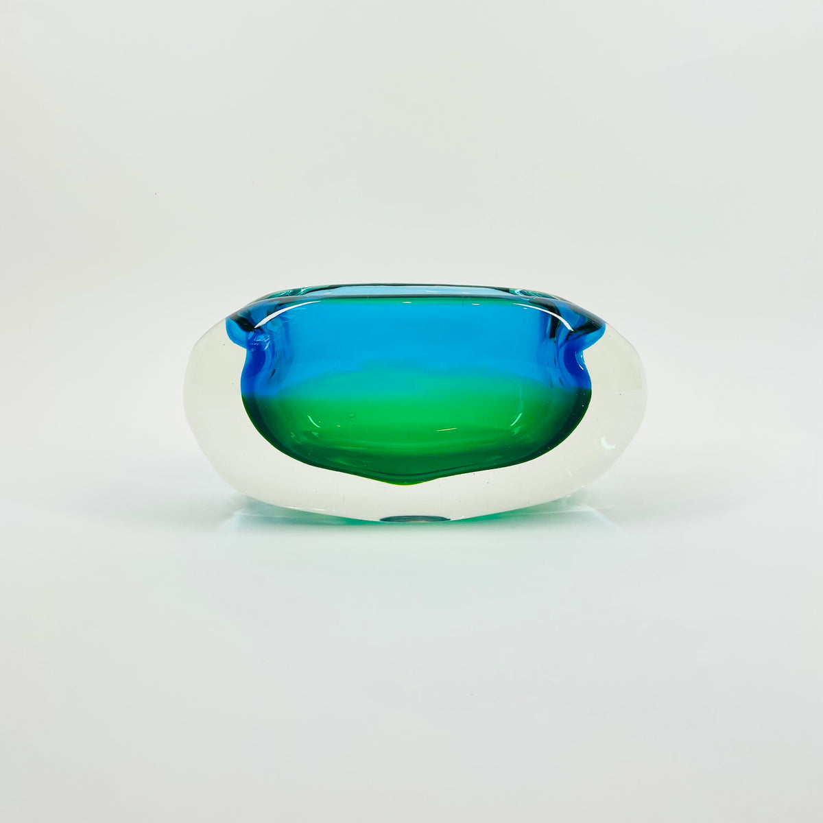 1960s GREEN BLUE PEACOCK HARLEQUIN SOMMERSO GLASS ASHTRAY/BOWL