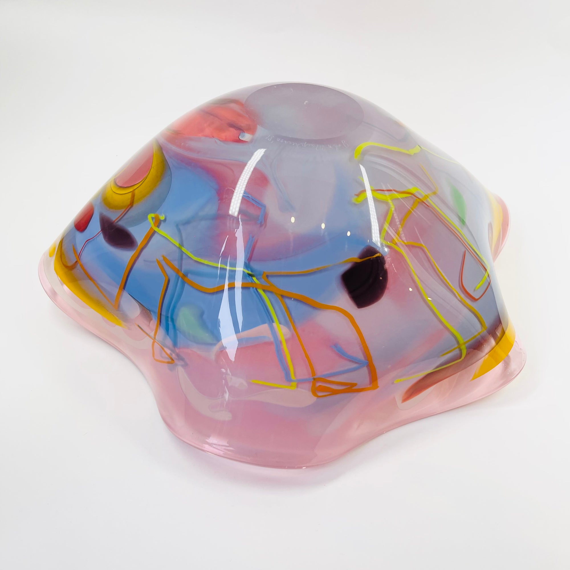 1986 HAND MADE HARLEQUIN CAMEO PINK BASE SPATTER ART GLASS XL BOWL BY JOHN MACPHERSON