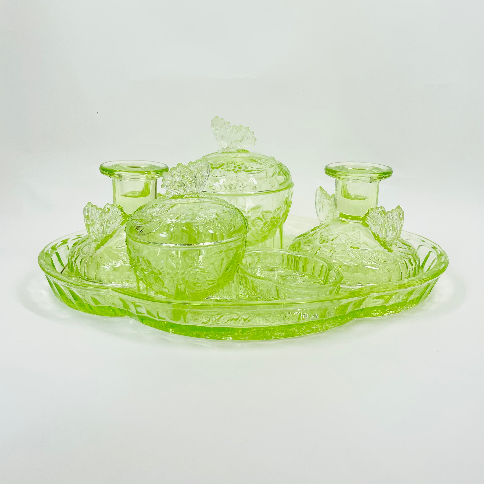 ANTIQUE ART DECO URANIUM GLASS VANITY SET