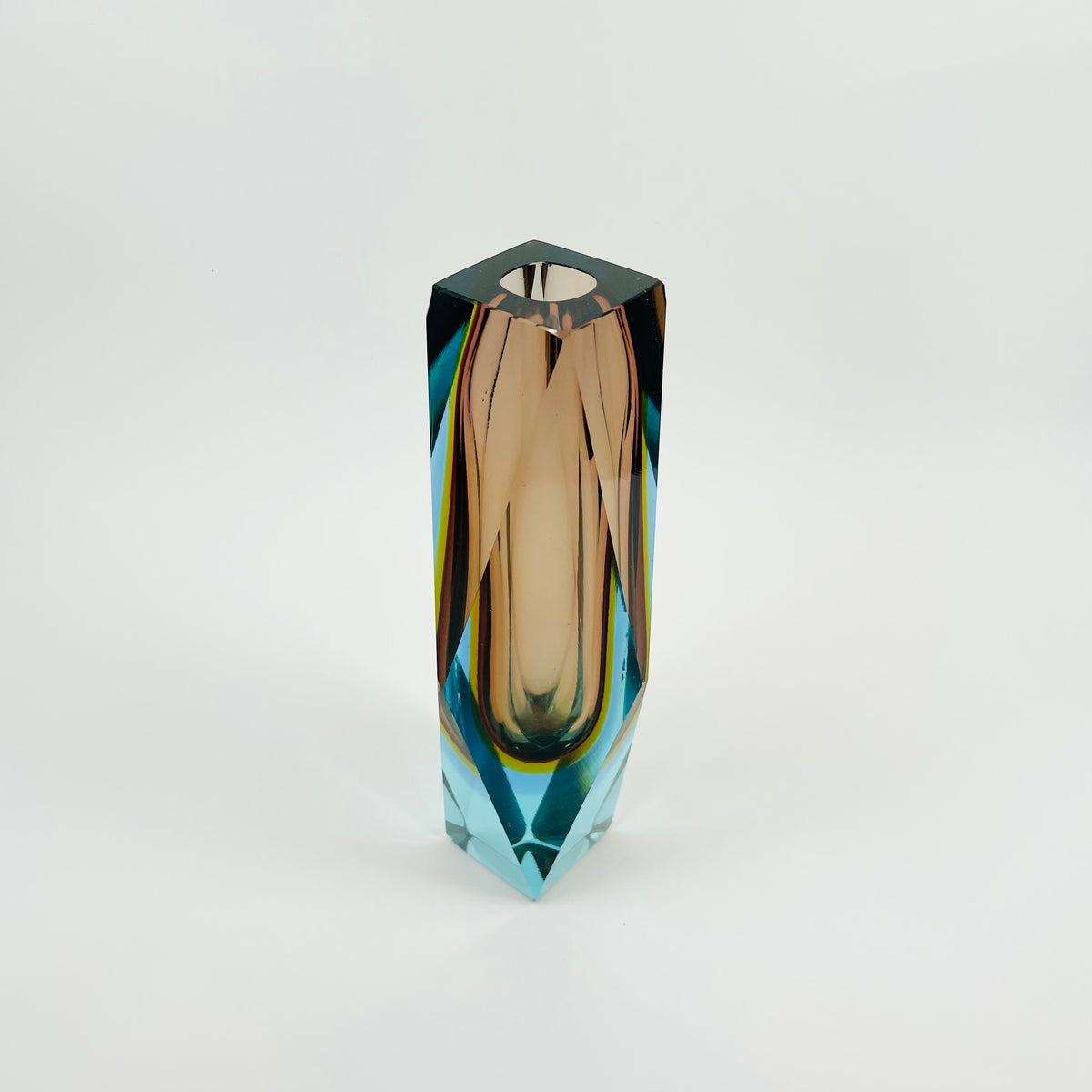 1960s BROWN YELLOW TURQUOISE MURANO SOMMERSO FACETED GLASS BLOCK VASE