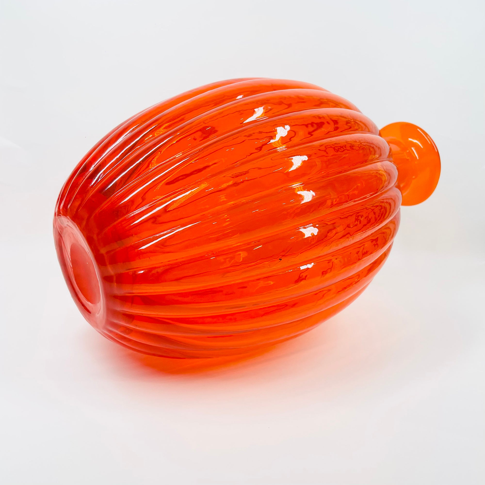 1970s ITALIAN EMPOLI ORANGE RIBBED GLASS OBLONG BOTTLE VASE