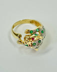 1950s 14K YELLOW GOLD DIAMOND EMERALD LEOPARD RING WITH RUBY EYES