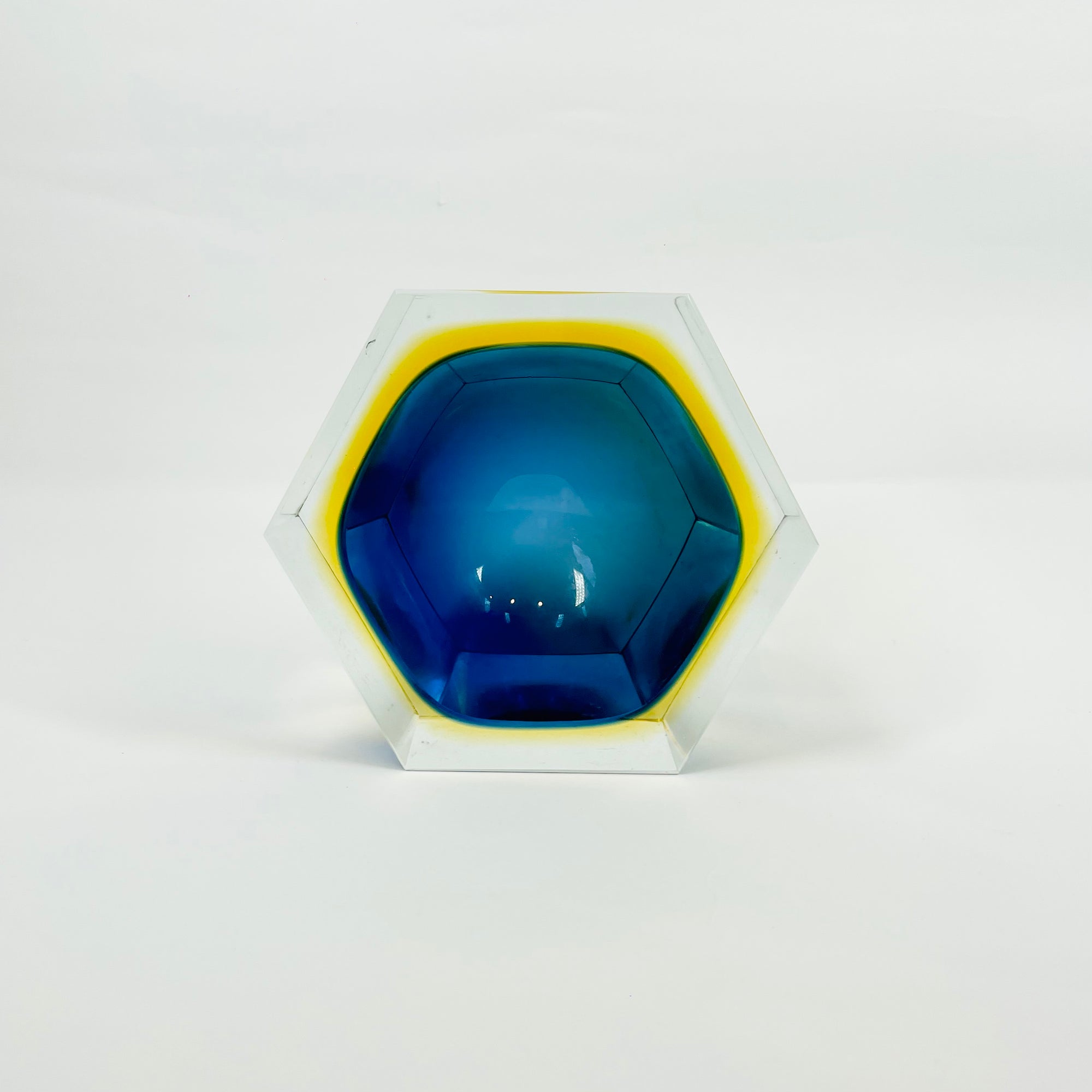 1950s COBALT BLUE TEAL GOLD MURANO MANDRUZZATO SOMMERSO FACETED GLASS HEXAGON BOWL