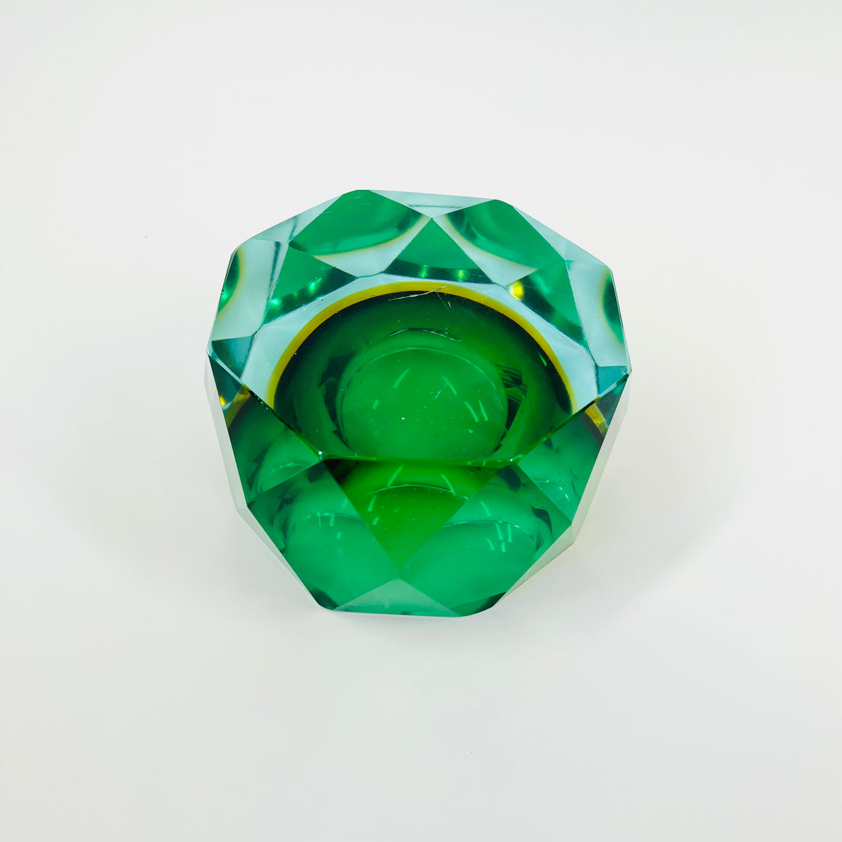 1940s GREEN BLUE GOLD AMBER MURANO MANDRUZZATO SOMMERSO DIAMOND FACETED GLASS BOWL/ASHTRAY