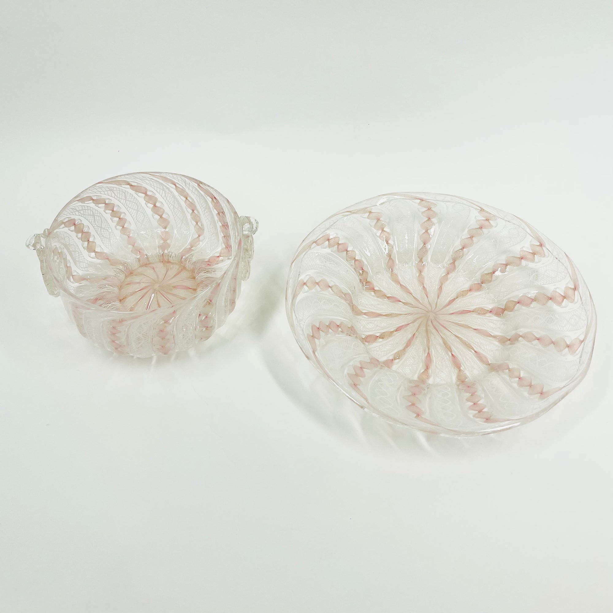 ANTIQUE PINK ZANFIRICO &amp; LATTICINO GLASS PINCHED BOWL &amp; MATCHING PLATE