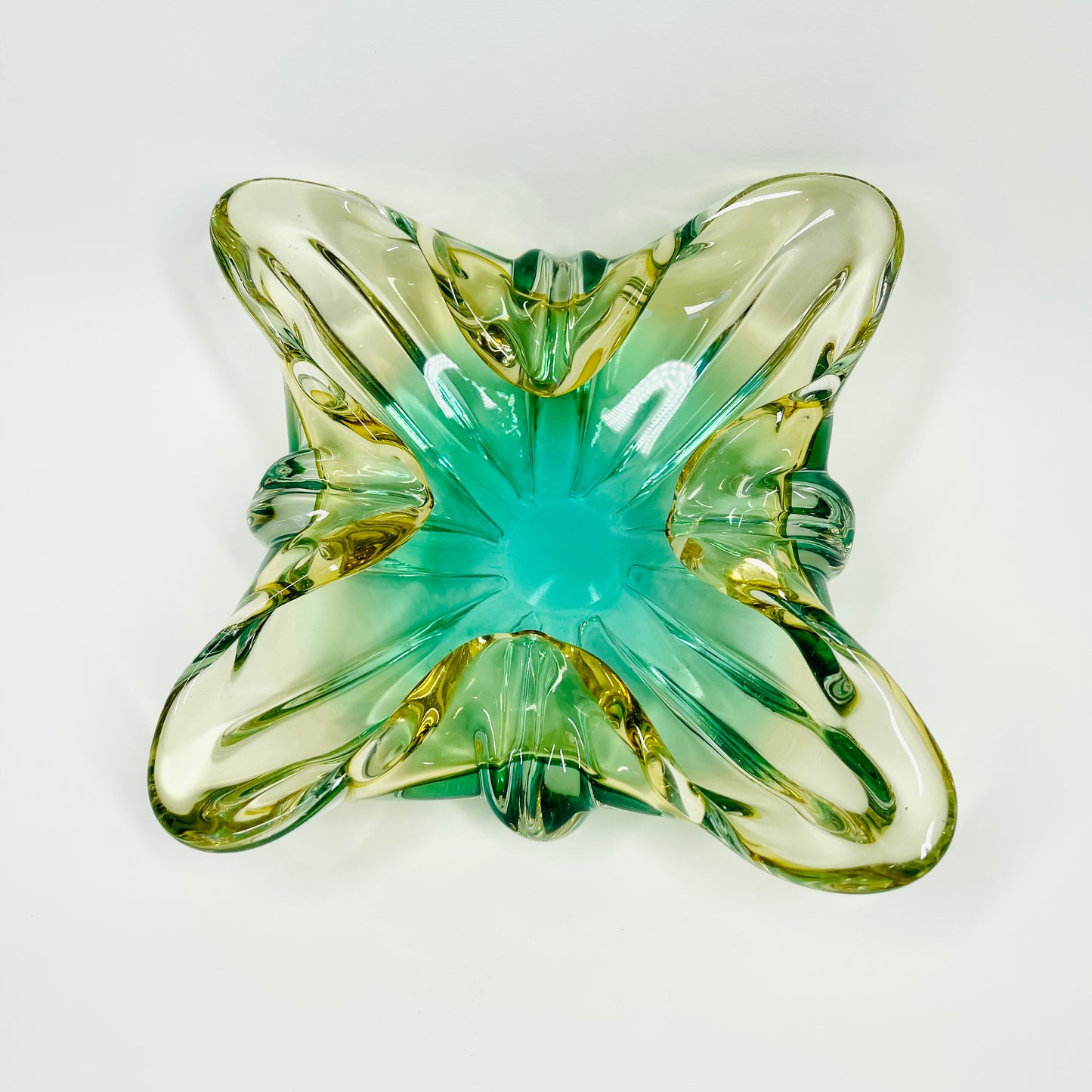 1970s JAPANESE HINERI GREEN YELLOW SOMMERSO GLASS ASHTRAY