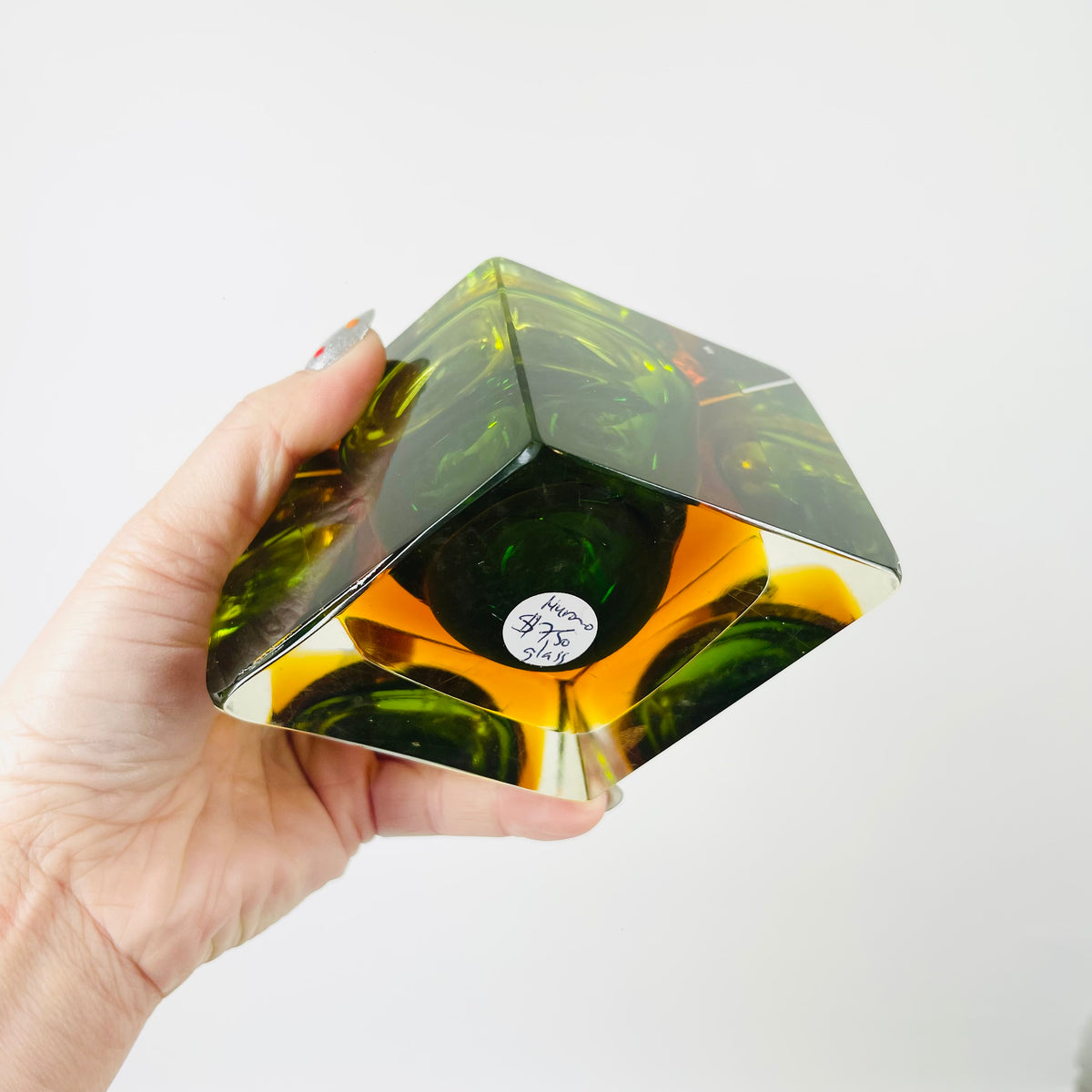 1940s GREEN GOLD AMBER MURANO MANDRUZZATO SOMMERSO FACETED GLASS LIGHTER BOX