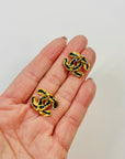 1999 CHANEL CC BRUSHED GOLD BLUE ENAMEL LOGO PIERCED EARRINGS