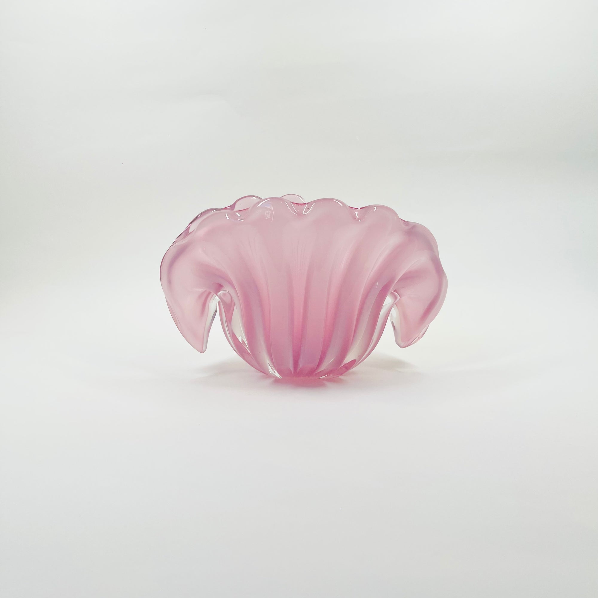 1950s PINK MURANO RIBBED OPALINE GLASS SHELL BOWL (MEDIUM)