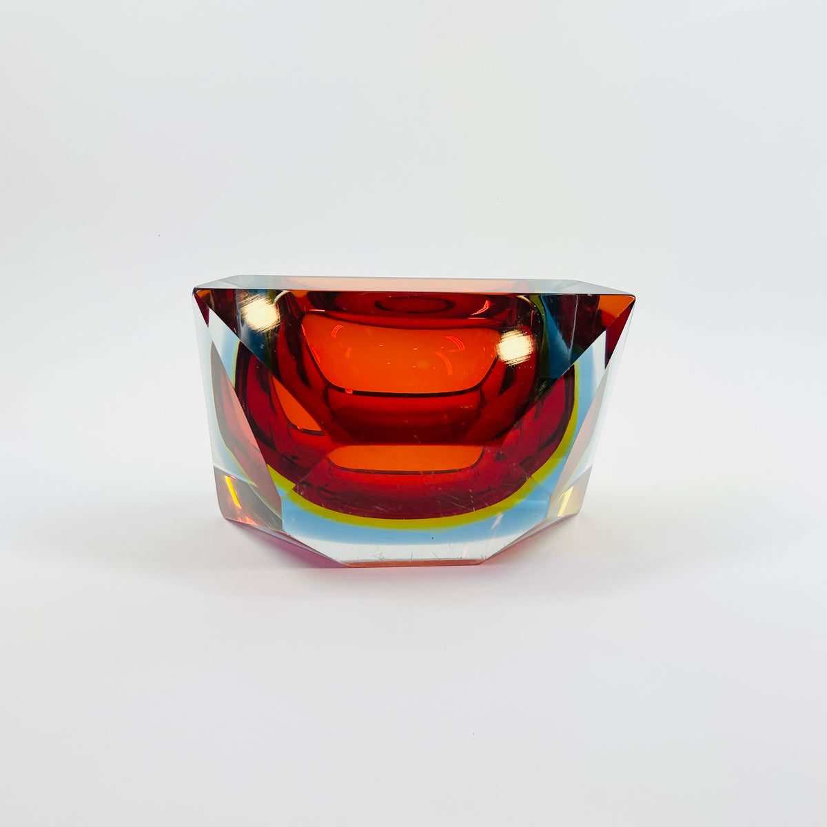 1950s MURANO RUBY BLUE YELLOW SOMMERSO FACETED RECTANGULAR GLASS BOWL