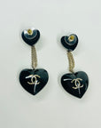 2022 LIMITED EDITION CHANEL BLACK RESIN DIAMANTE CC LOGO HEARTS DROP PIERCED EARRINGS