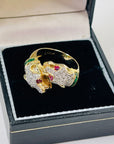 1950s 14K YELLOW GOLD DIAMOND EMERALD DOUBLE PANTHER HEADS RING WITH RUBY EYES