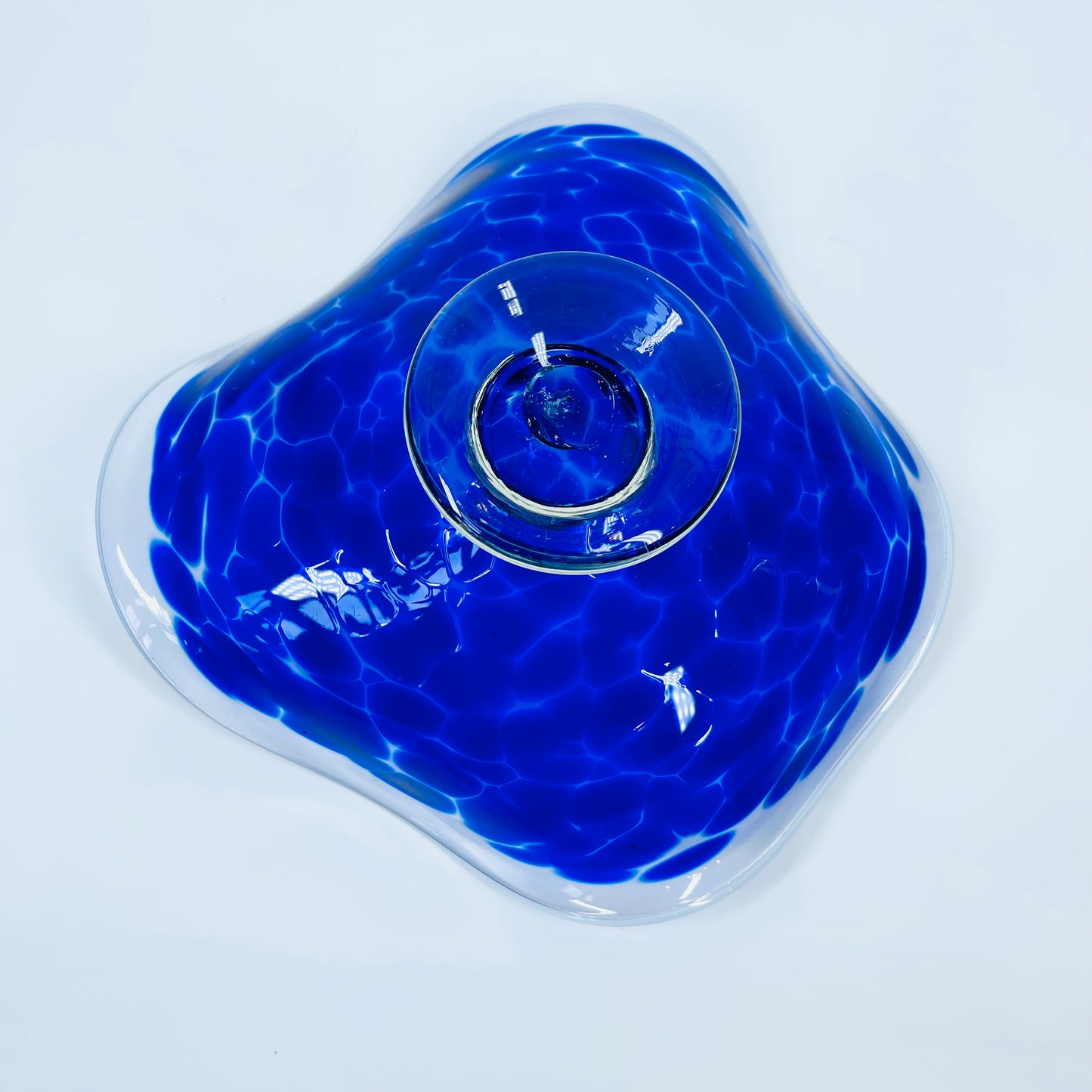 1980s COBALT BLUE SPATTER GLASS COMPORT