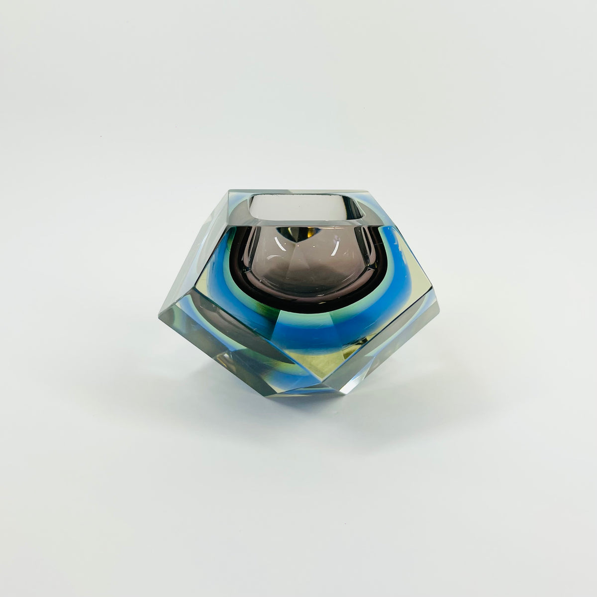 1960s BROWN GREEN YELLOW BLUE SOMMERSO DIAMOND FACETED GLASS BOWL