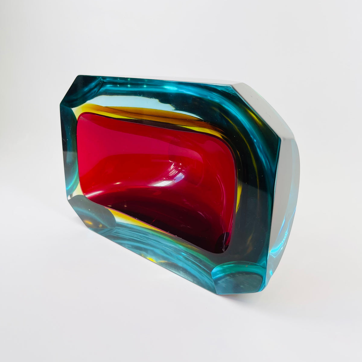 XXL 1950s RED BLUE AMBER MURANO MANDRUZZATO SOMMERSO FACETED GLASS BOWL