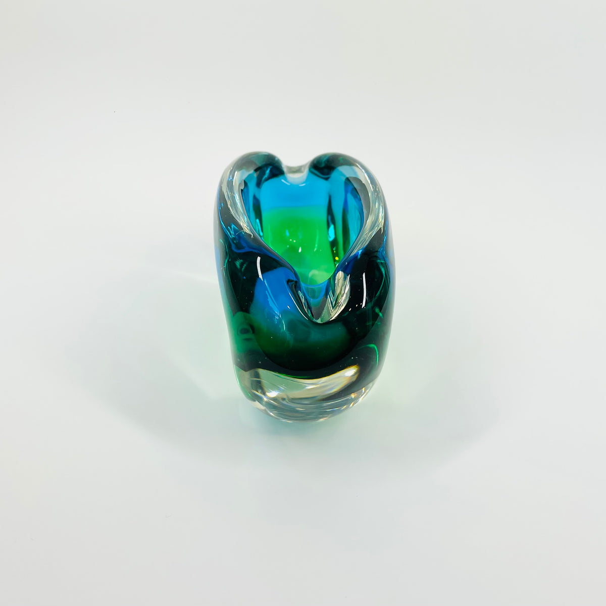 1960s GREEN BLUE PEACOCK HARLEQUIN SOMMERSO GLASS ASHTRAY/BOWL