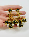 2022 LIMITED EDITION CHANEL BLACK GOLD FOIL CROSS PEARLS DROP PIERCED EARRINGS