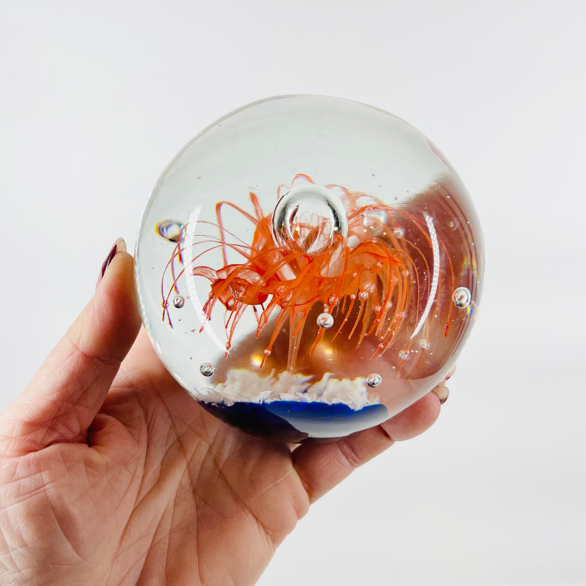 1980s ORANGE BLUE ABSTRACT SPATTER ART GLASS PAPERWEIGHT