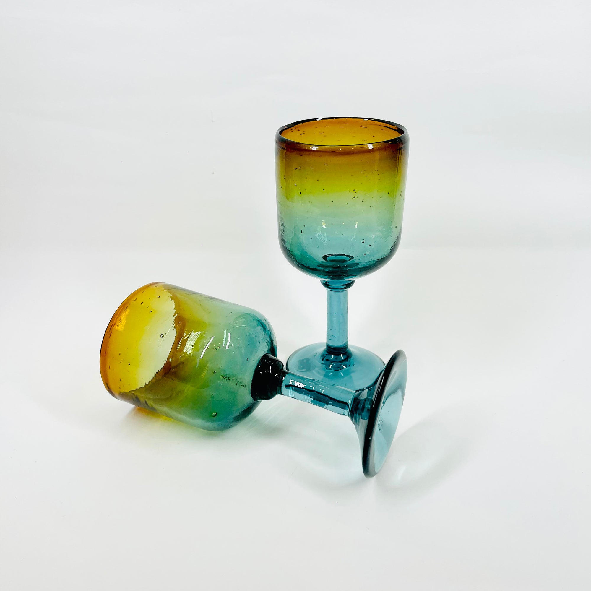 1980s MOUTH BLOWN BLUE AMBER AUSTRALIAN GLASS GOBLETS