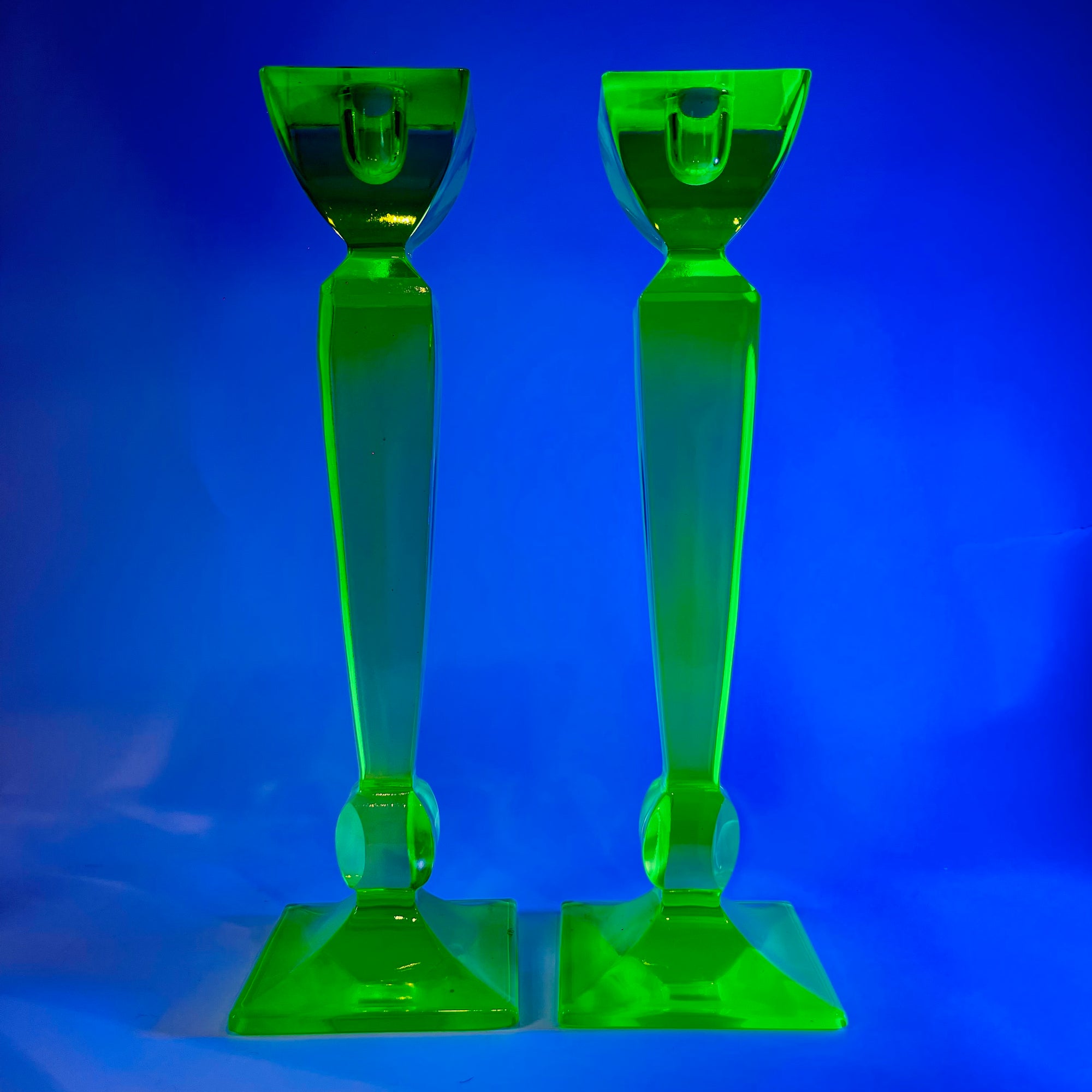 ART DECO URANIUM GLASS CANDLE STICKS