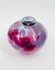 1980s AUSTRALIAN MOUTH BLOWN PINK PURPLE SPATTER ART GLASS SQUAT VASE BY STEPHEN MORRIS