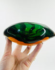 1960s MURANO DARK GREEN AMBER SOMMERSO GLASS PINCHED BOWL/ASHTRAY