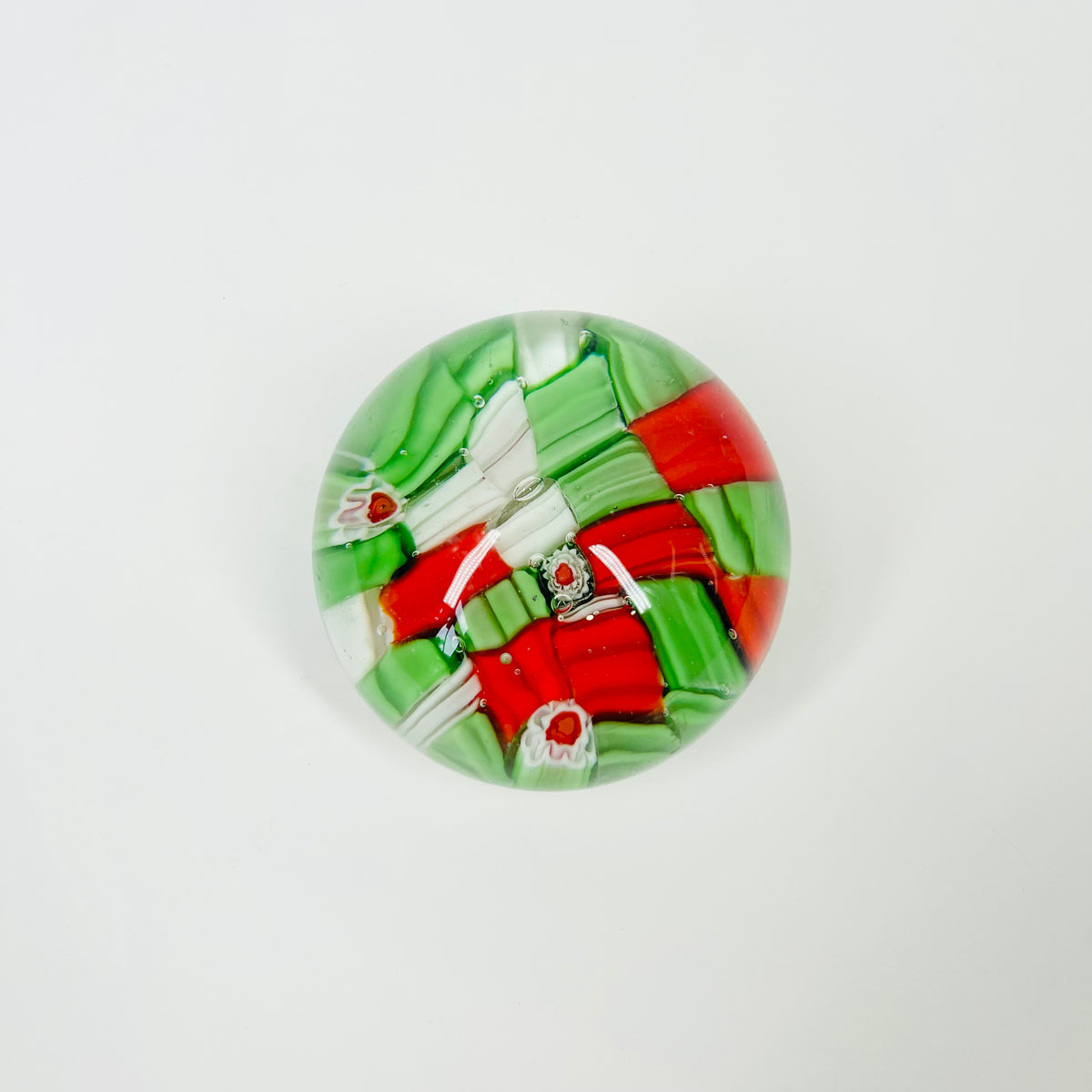 1960s RED GREEN MILLEFIORI CANDY CANE PAPERWEIGHT