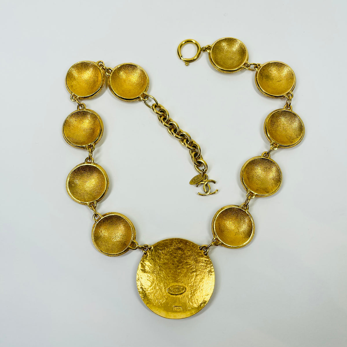 1980s CHANEL ESTRUCAN STYLE LOGO MEDALLION NECKLACE