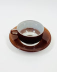 1950s FRENCH DURALEX BROWN GLASS EPSRESSO CUP AND SAUCER