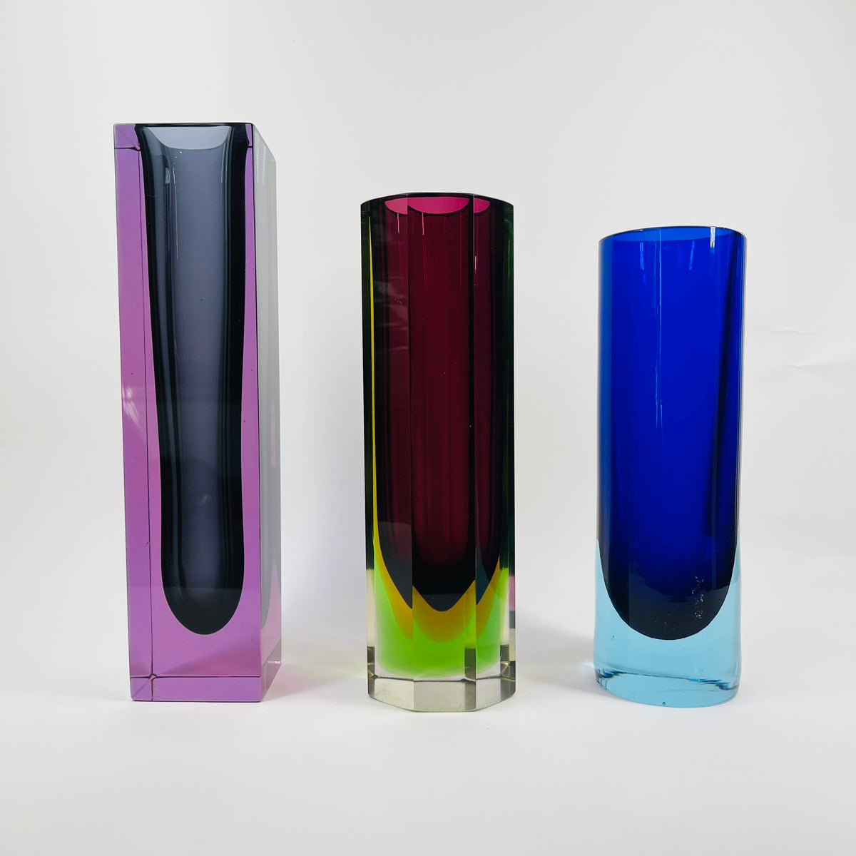 1950s TURQUOISE COBALT BLUE MURANO SOMMERSO GLASS CYLINDER BLOCK VASE